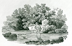 川のプールにいる釣り人、「ブリティッシュバード」、1804年（木の彫刻） 作： Thomas Bewick
